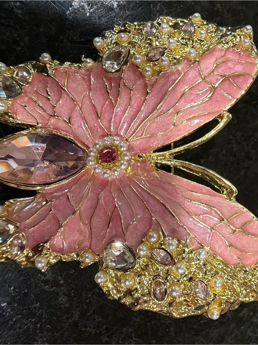 Pink Crystal Butterfly Brooch with Gold Accents